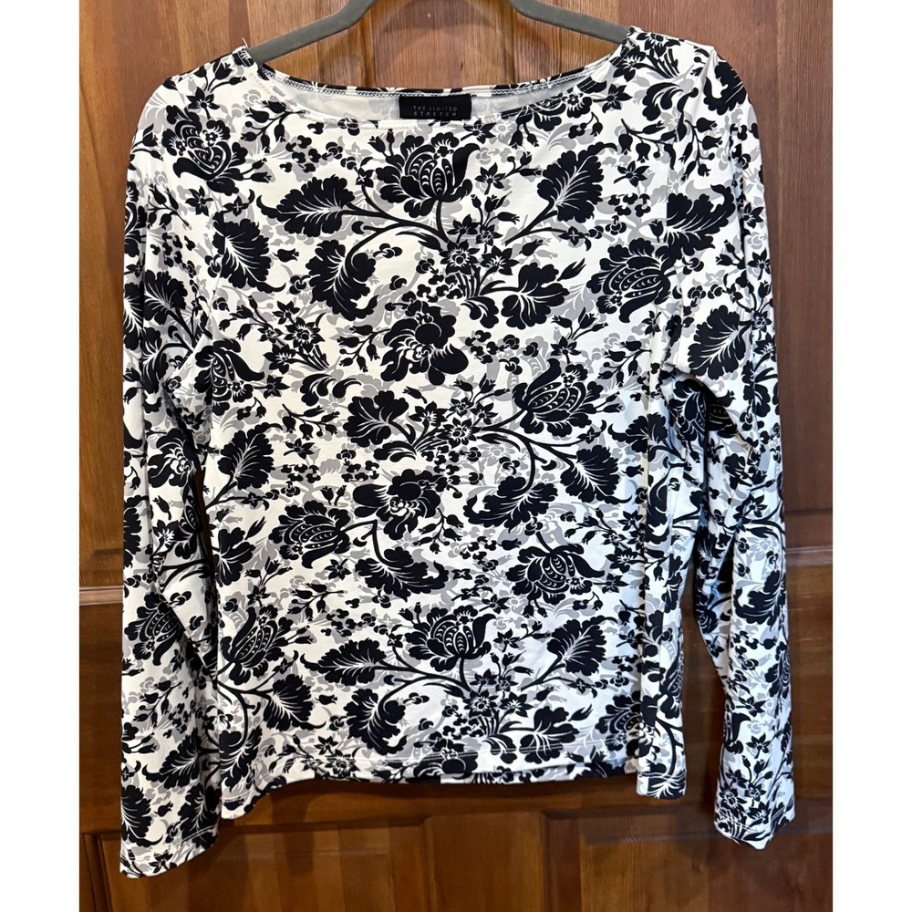 The Limited Stretch Womens Black White Floral Print Long Sleeve Top Size L